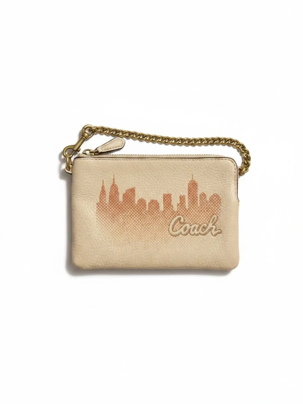 Coach X Jennifer Lopez corner cream Pebbled Leather Wristlet, City Skyline EUC